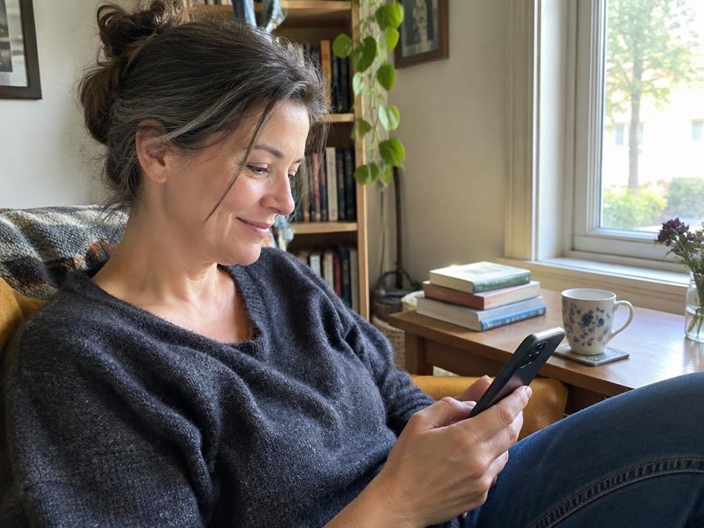 An adult daughter reading a visit note on her phone at home