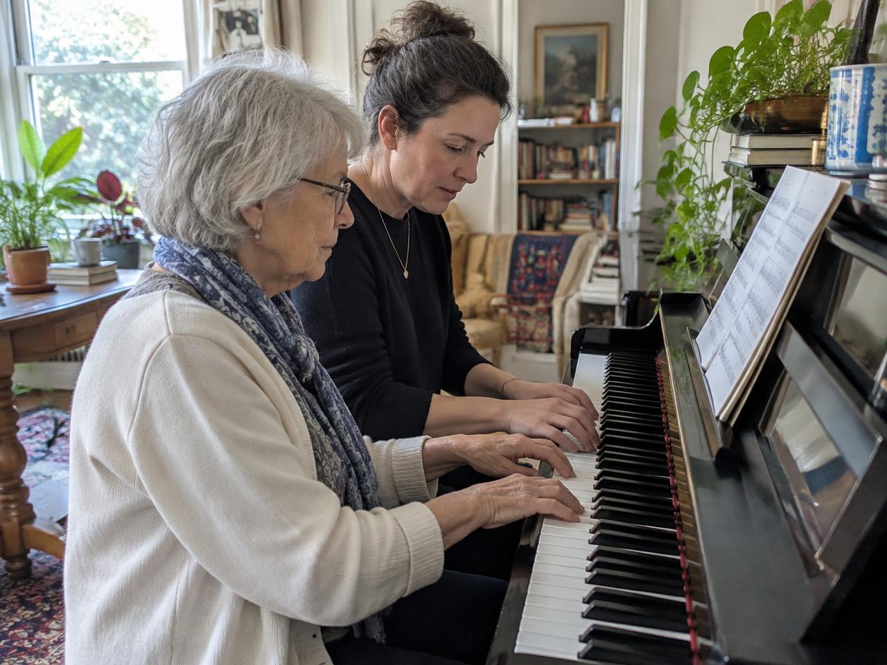 A senior woman learning piano with a teacher in her living room